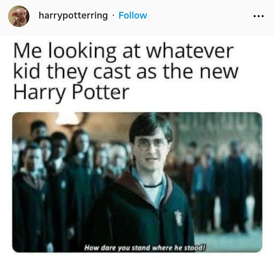 Meme of Daniel Radcliffe as fans judging the new Harry Potter